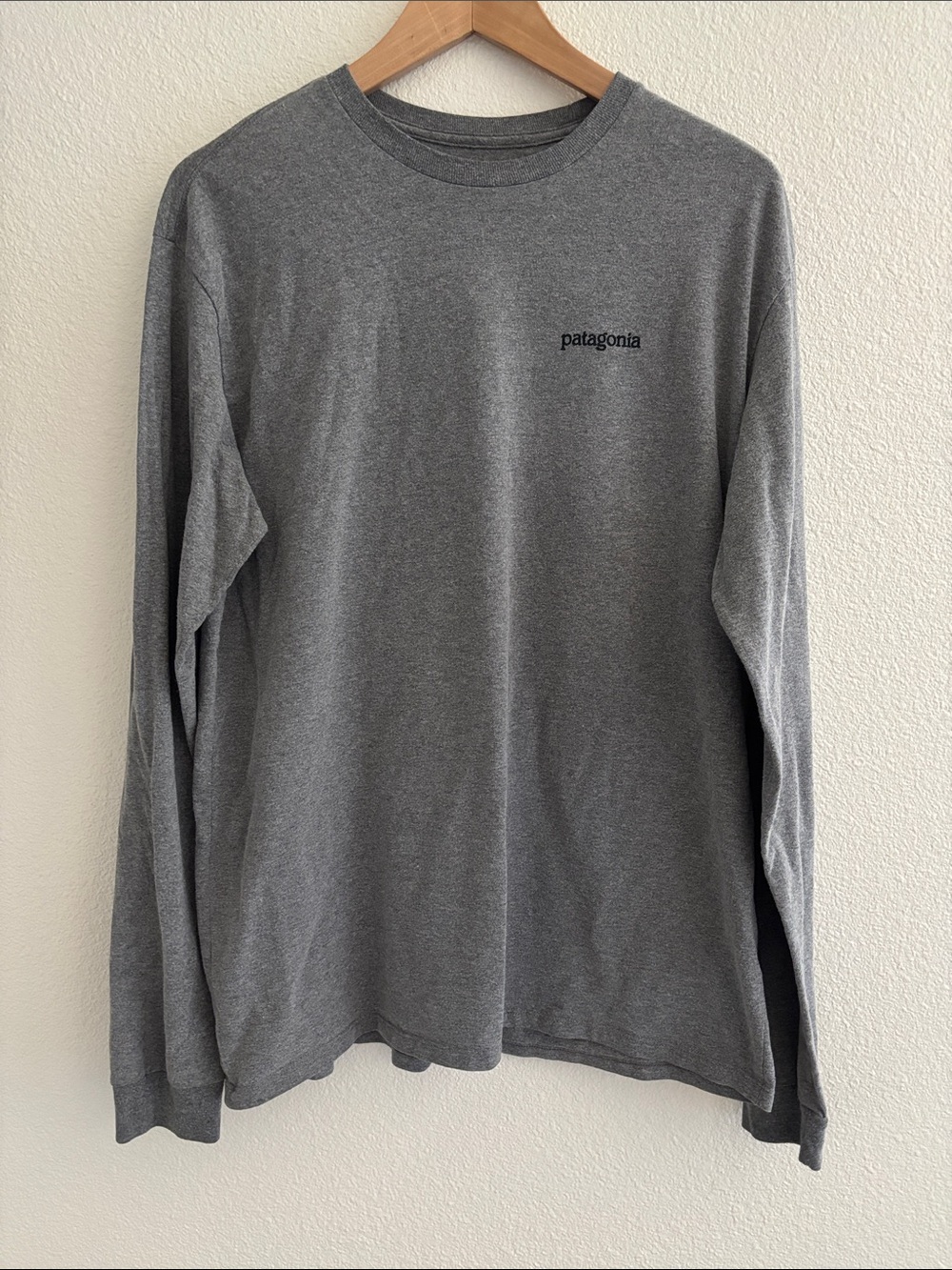 Patagonia Gray Long Sleeve Graphic Tee Size Med Gorpcore Recycled Fabric Casual